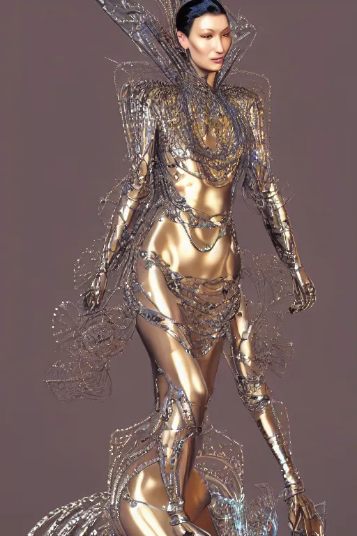 Image similar to a highly detailed metahuman 4 k render medium of a alien goddess bella hadid in iris van herpen dress schiaparelli in diamonds swarovski and jewelry in style of alphonse mucha gustav klimt trending on artstation made in unreal engine 4