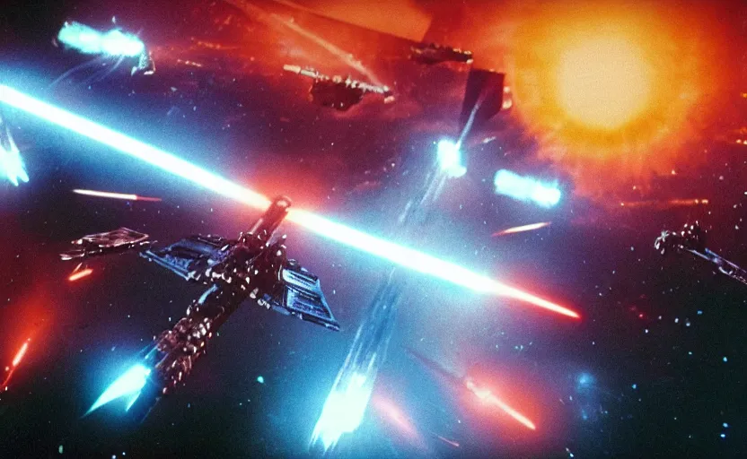 Prompt: iconic cinematic screen shot of scene x wing space battle against new tie fighter desing, from the action packed scene from the 1 9 7 0 s star wars sci fi film by stanley kubrick, glowing lasers, kodak film stock, anamorphic lenses 2 4 mm, lens flare, iconic cinematography, award winning