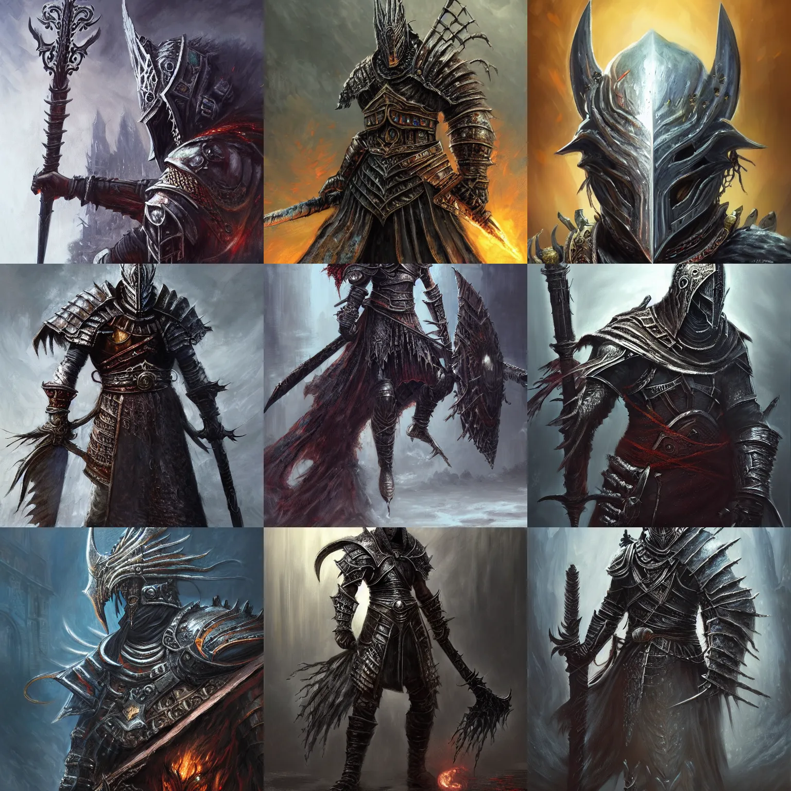 Prompt: concept art oil painting, fantasy portrait fantasy of the ancient warrior in heavy ornate armor, dark souls iii, bloodborne, extremely detailed, brush hard, artstation