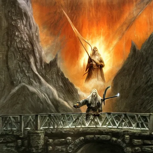 Image similar to beautiful gandalf with a sword in his hand on a bridge fighting an enormous balrog from hell, by alan lee, lord of the rings, smooth, detailed terrain, oil painting, matte painting, concept art, trending on artstation