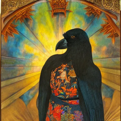 Prompt: portrait of a crow wearing a crown, by Diego Rivera and Annie Swynnerton and Maxfield Parrish, symbolist, dramatic lighting, embroidered brocade robes, god rays, rich colors,smooth, sharp focus, extremely detailed