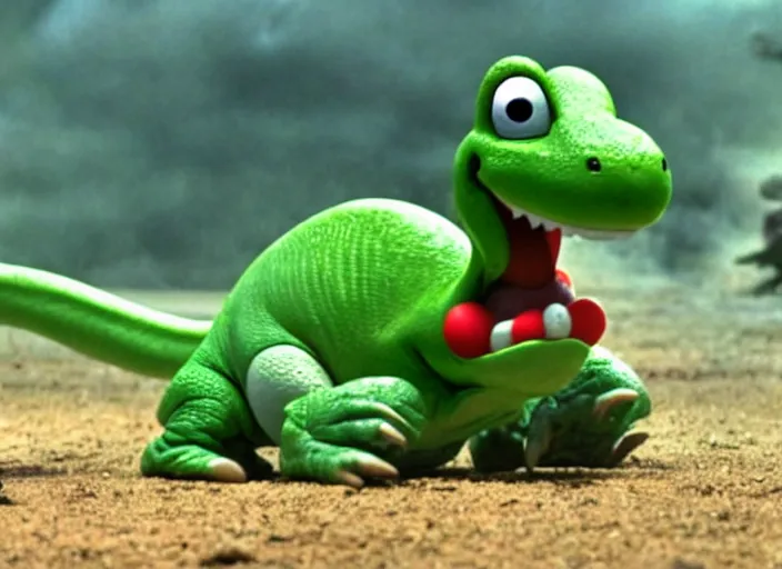 Image similar to film still of yoshi in the new sci - fi movie, cute upright standing upright upright dinosaur standing on its hind legs with a small red turtle shell and sticking out a long sticky tongue, 8 k