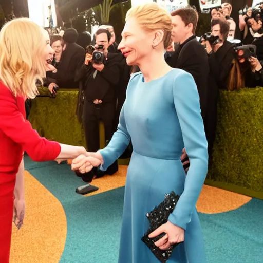 Prompt: cate blanchet shaking hand with cate blanchett 4k