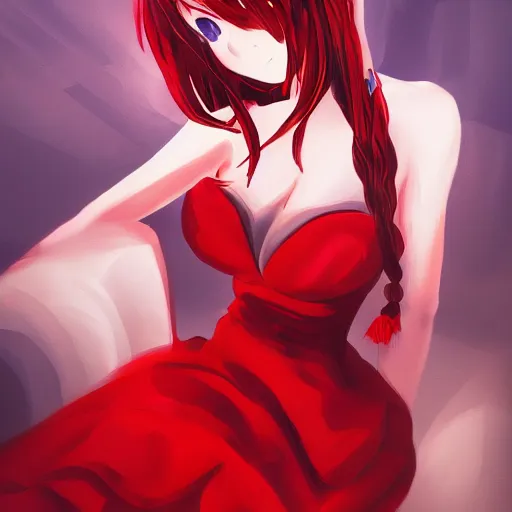 Prompt: a girl wearing a red dress, she is holding a skull head, anime art, HD, ambient lighting, artstation, smooth