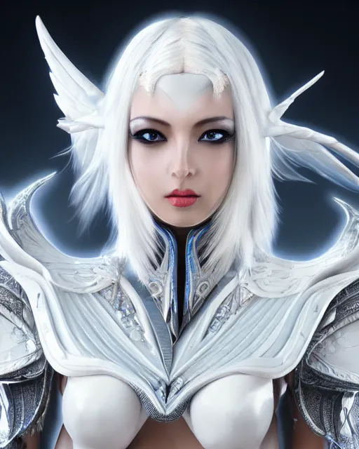 Image similar to perfect white haired attractive egyptian goddess with huge white dove wings, warframe armor, regal, ornate, beautiful, symmetric, dreamy, half asian, pretty face, blue eyes, detailed, scifi platform, laboratory, experiment, 4 k, ultra realistic, epic lighting, android body, illuminated, cinematic, masterpiece, art by akihito tsukushi, voidstar