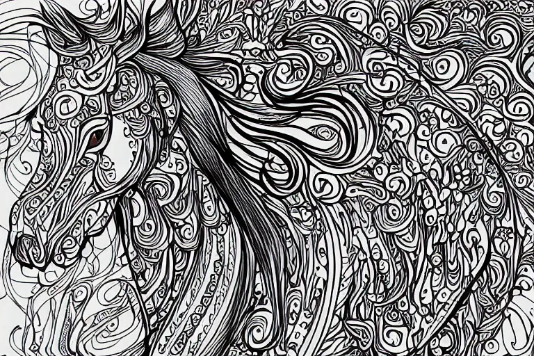 Image similar to beautiful horse, ornamental, fractal, ink draw, line art, vector, outline