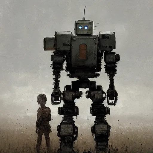 Image similar to an epic painting of a creepy robot by jakub rozalski