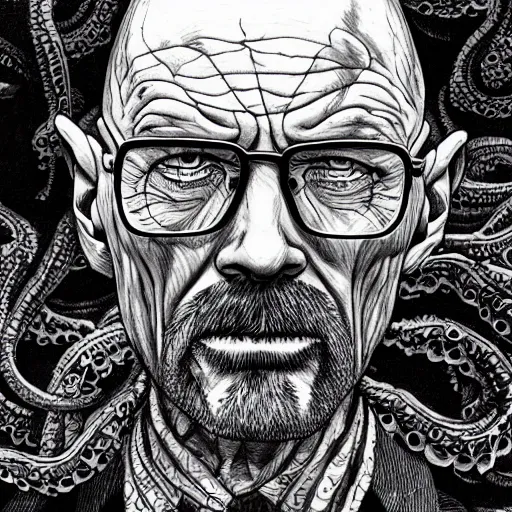 Image similar to Walter White as a Lovecraftian monster, detailed, portrait, intricate, illustration, ink drawing by Kim Jung Gi, hyperdetailed, trending on artstation, highly detailed, Aaron Horkey