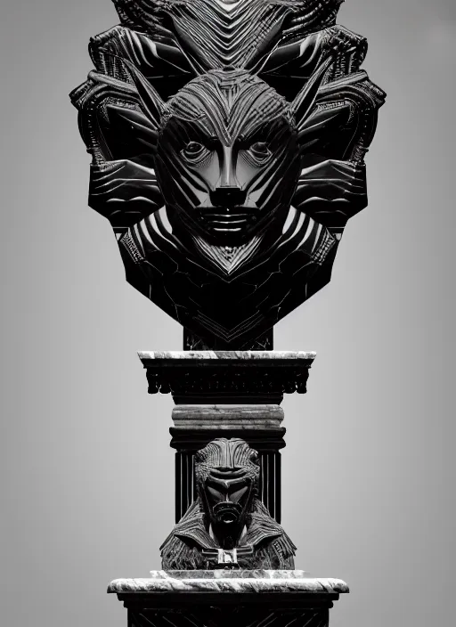 Image similar to stylized onyx black gold lines dark severe lighting ornate statue full body made of marble of judas, perfect symmetrical body, perfect symmetrical face, hyper realistic, hyper detailed, by johannen voss, by michelangelo, octane render, blender, 8 k, displayed in pitch black studio room art deco