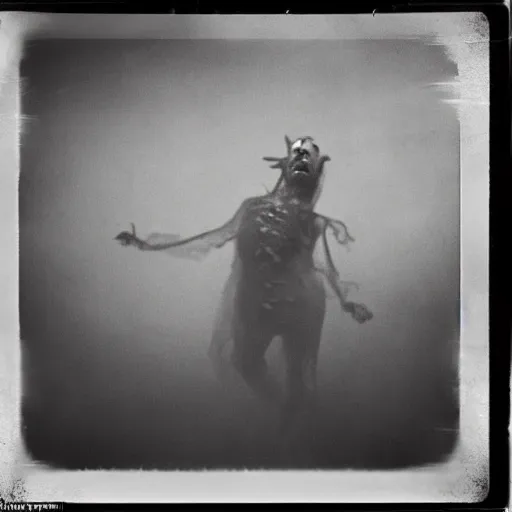 Image similar to an ancient demon-clown devouring a soul on an abandoned mad house, Colombian jungle, mist, 1910 polaroid photography, grainy film, resident evil, Black and white