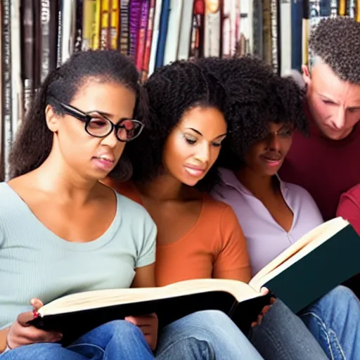 Prompt: two women and three men looking at a book