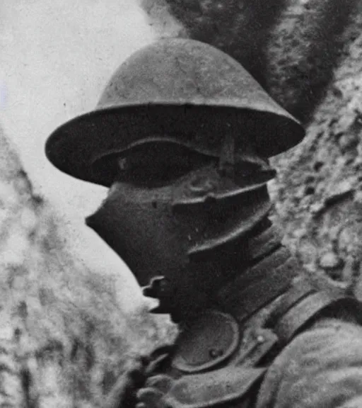 Image similar to a soldier wearing a scary mask in distance, ww1 film photo, grainy, high detail, high resolution