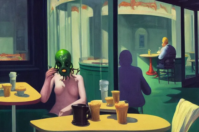 Prompt: hideous terrifying ghastly foul cronenberg monsters relaxing at a cafe. ( a waiter is pouring coffee. one monster is reading a newspaper. painting by edward hopper, 3 d rendering by beeple, 8 k, comfy wretched mutants )