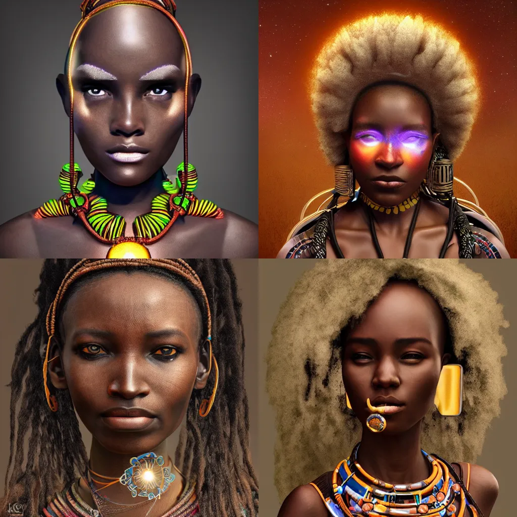 Prompt: beautiful afrofuturistic himba woman wearing otjize and a glowing necklace, robotic arms, weightless in space, hyperrealistic, scifi, concept art, digital art, portrait, dark, muted colors