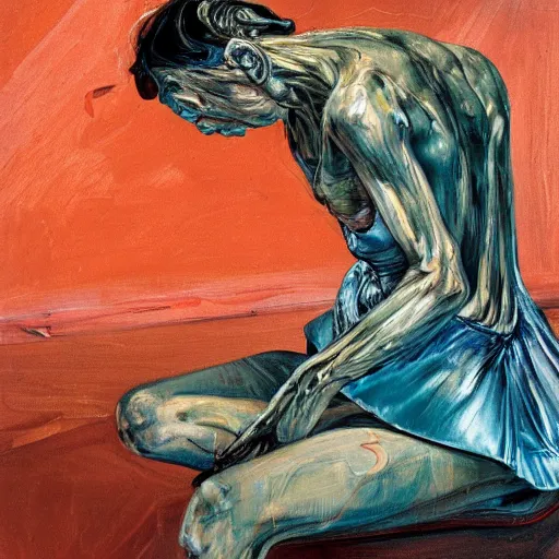 Image similar to high quality high detail painting of a ballerina in agony by lucian freud and jenny saville and francis bacon, hd, dark demonic dancer, turquoise and orange