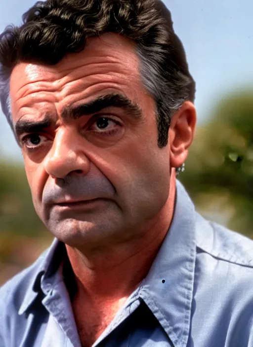 Prompt: film still of Rowan Atkinson as Martin Riggs in Lethal Weapon, 4k