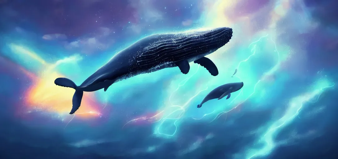 Image similar to a whale flying above the sea, glowing fish underneath the sea, cosmic sky, concept art, trending on artstation, soft lightning