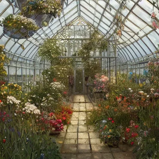 Prompt: a beautifull intricate greenhouse with many flowers, reflexions, verry high details by william turner art, greg rutkowski and alphonse mucha, trending on artstation, very very detailed, masterpiece, - h 1 2 8 0 - w 6 4 0