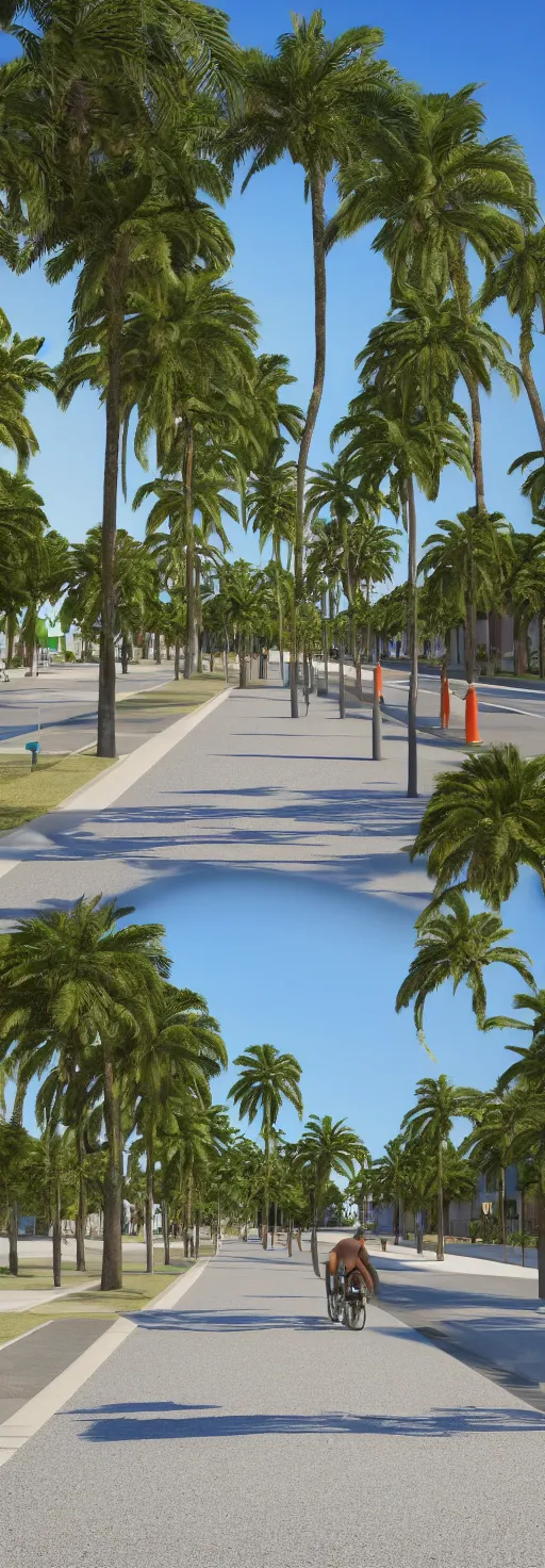 Prompt: depth of field 3 d render of sidewalk with bike path, palm trees, accessible for the disabled, by professional photographer, 8 k resolution, photo, high quality