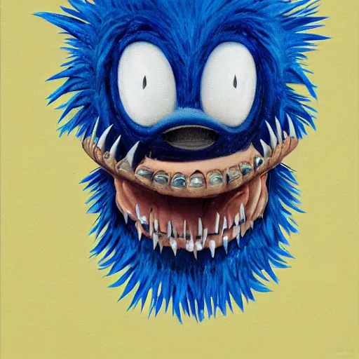 Image similar to anthropomorphic blue hedgehog with human teeth, studio portrait