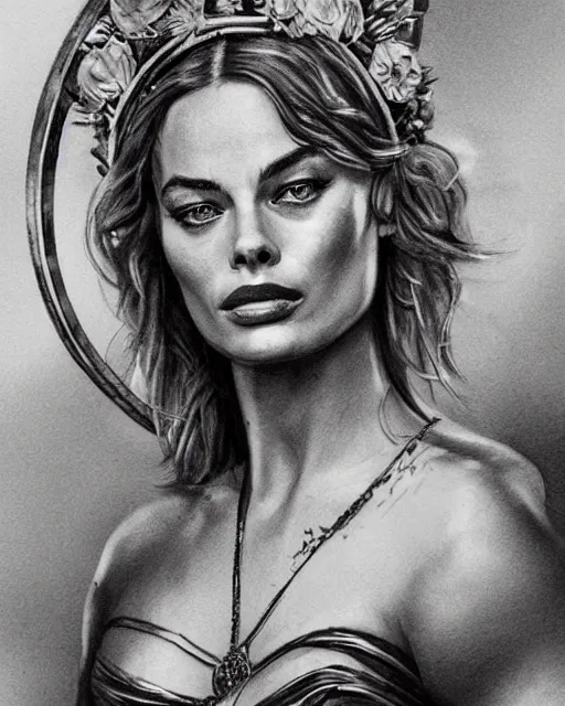 Image similar to realism tattoo sketch of margot robbie as a beautiful greek goddess aphrodite with piercing eyes wearing a laurel wreath and triangle earrings, in the style of greg rutkowski, amazing detail