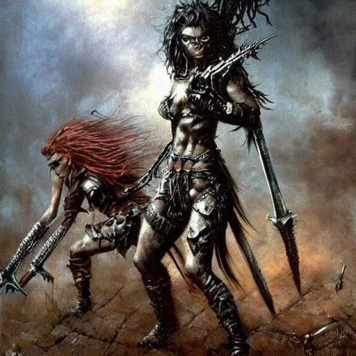 Image similar to barbarian girl fighting orcs by Luis Royo and Beksinski