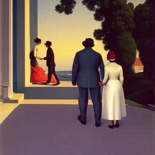 Image similar to an evening stroll with a man and his lady by Raphael, Hopper, and Rene Magritte. detailed, romantic, enchanting, trending on artstation.