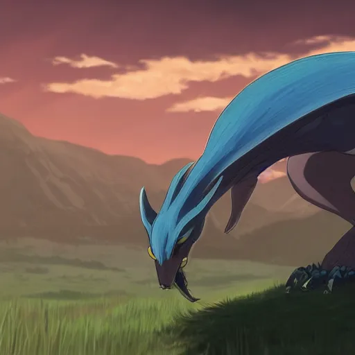 Image similar to concept art painting of an alien animal creature, detailed, cel shaded, in the style of makoto shinkai and moebius and james gurney