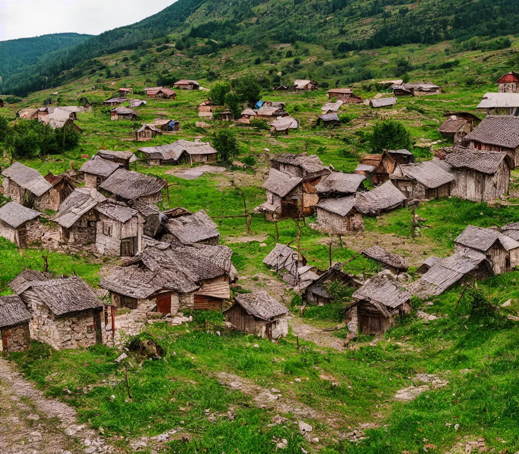 Prompt: Idyllic Svanetian village in Georgia, ultra wide angle photo, 4k