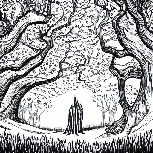Image similar to dream forest illustration, 4k detailed, black ink on white paper, dark fantasy, white space in middle
