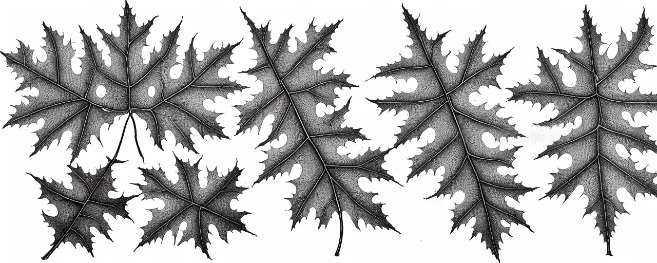 Prompt: a full page schematic diagram illustration of an hybrid between oak leaf and wine leaf, ultra detailed, 4 k, intricate, encyclopedia illustration, fine inking lines