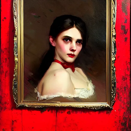 Image similar to Solomon Joseph Solomon and Richard Schmid and Jeremy Lipking victorian genre painting portrait painting of a young beautiful woman marverl DC comic book character fantasy costume, red background