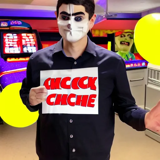 Image similar to ben shapiro in a chuck e cheese costume with the mask off