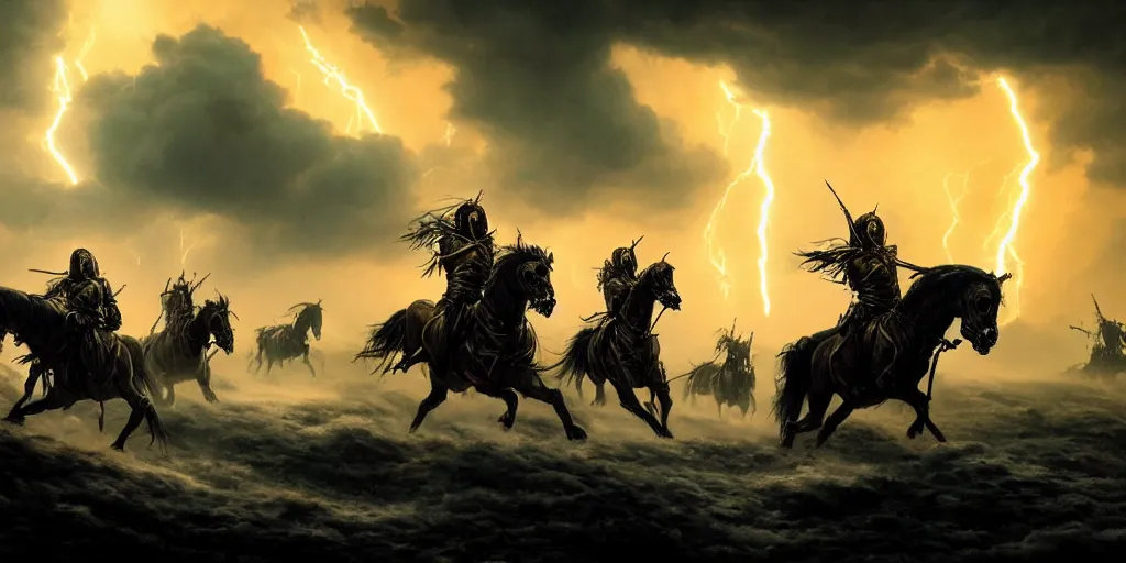 Image similar to ”four horsemen of the apocalypse riding skeleton horses towards the camera [epic, cinematic, scary, intimidating, horror, war, battle, hell, storm clouds, lightning, octane render, 8k, mattepainting, art by wlop and paul lehr and greg rutkowski]”