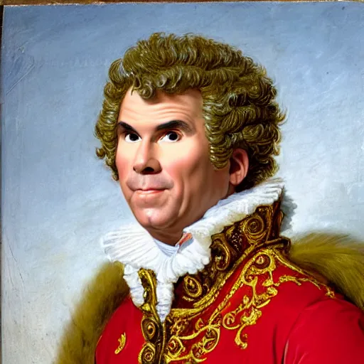 Prompt: A rococo portrait of Will Ferrell as the King of France, by Jacques-Louis David, Réunion des Musées Nationaux, Louvre Catalogue photography