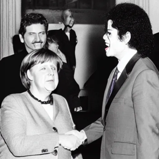 Prompt: angela merkel shaking hands with michael jackson while screaming and shouting