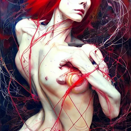 Image similar to beautiful redhead woman, cyberpunk dreams!, wires cybernetic implants!!, in the style of adrian ghenie, esao andrews, jenny saville, surrealism, dark art by james jean, takato yamamoto