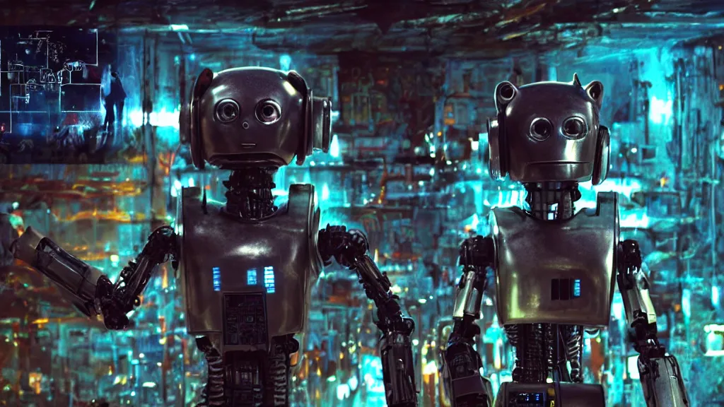 Prompt: film still from the movie chappie of the robot chappie shiny metal indoor dance party neon rave scene bokeh depth of field several figures furry anthro anthropomorphic stylized cat ears head android service droid robot machine fursona