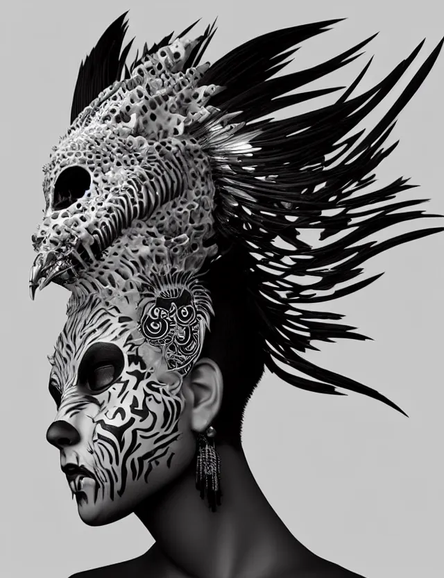 Image similar to 3 d goddess close - up profile simple portrait punk with mohawk with tiger skull. beautiful intricately detailed japanese crow kitsune mask and clasical japanese kimono. betta fish, jellyfish phoenix, bio luminescent, plasma, ice, water, wind, creature, artwork by tooth wu and wlop and beeple and greg rutkowski