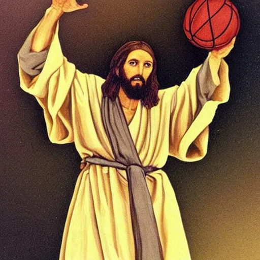 Image similar to Jesus wearing robes dunks a basketball
