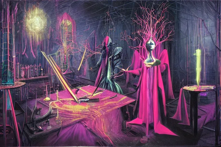 Image similar to a masterpiece painting in the laboratory of a technomancer wizard, in dazzle camouflaged robes, pointed hoods, he discusses sentience with his al djinn by remedios varo and anato finnstark and greg rutkowski and andy warhol and francis picabia. dayglo pink blue, prismatic, pearlescent, raven black, glowing, hyperrealism, trending on artstation