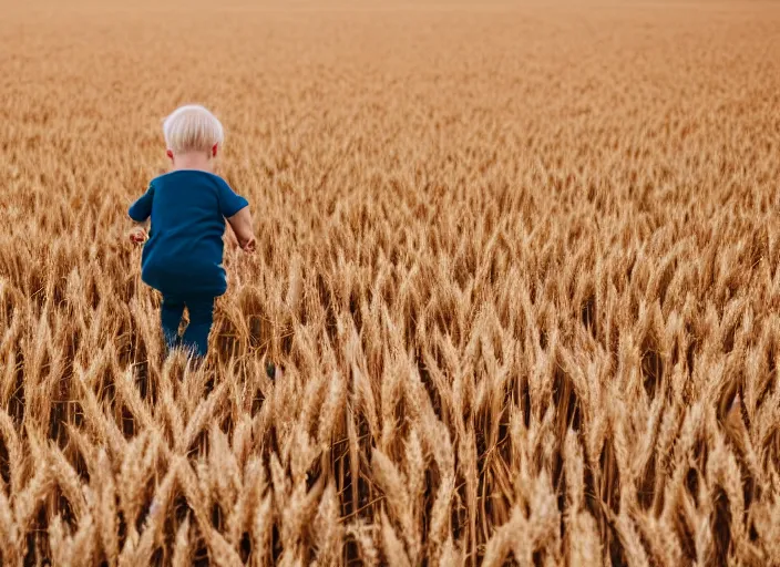 Image similar to a blond toddler seen from the back, running in a wheat field in the warm sunset light, art photograph, unsplash