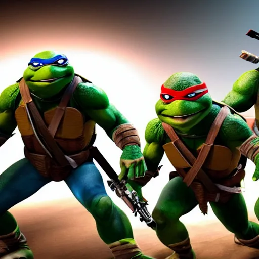 Prompt: still photo of teenage mutant ninja turtles and star wars, highly detailed, photorealistic portrait, bright studio setting, studio lighting, crisp quality and light reflections, unreal engine 5 quality render