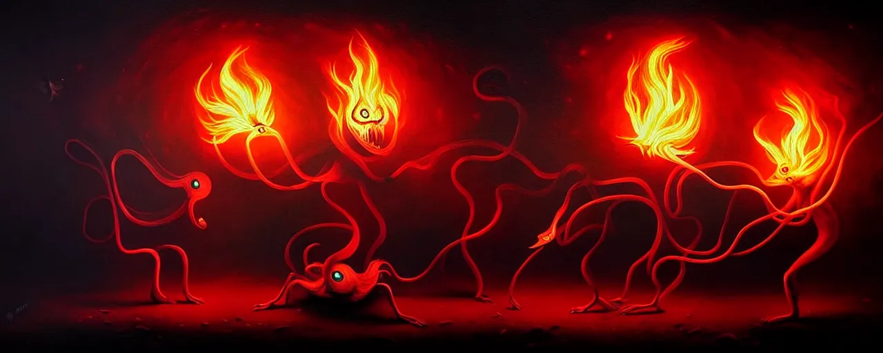 Image similar to whimsical fiery alchemical creatures, surreal dark uncanny painting by ronny khalil