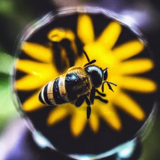 Image similar to close up shot of a honey bee wearing a top hat in front of a yellow circle