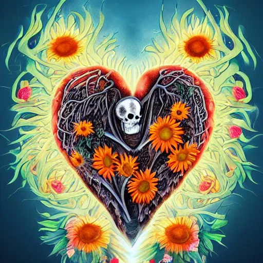 Image similar to a beautiful matte digital illustration by Larisa Novik of an anatomically correct heart bursting out of an anatomically correct skeletal rib-cage and exploding into rainbows and sunflowers, trending on artstation hq