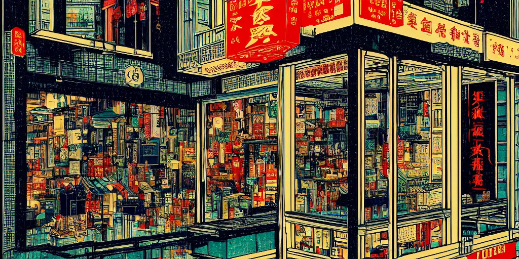 Image similar to through the window is a shop window in hong kong, by dan mumford and peter doig and edward hopper, minimal, black ink, thick lines, minimal highly detailed, muted colours, overlaid with chinese adverts, 8 k