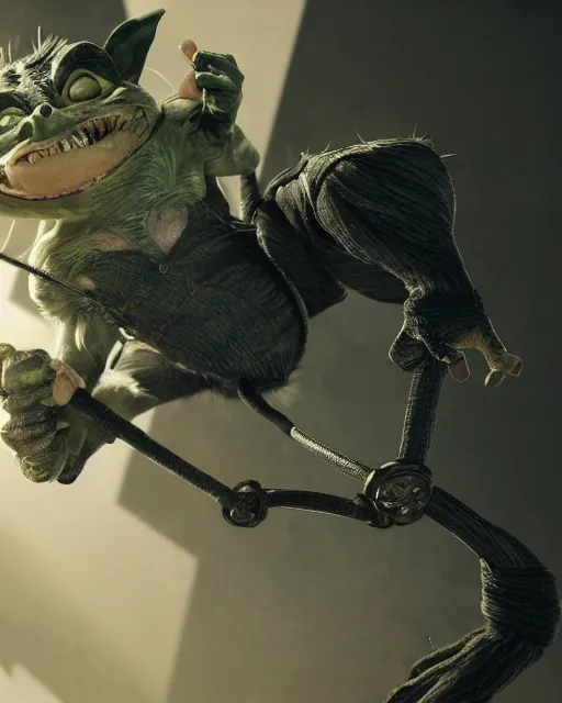 Image similar to highly detailed portrait of a movie gremlin swinging a whip, depth of field, fashion photoshoot, breathtaking, detailed and intricate environment, 8 k resolution, hyperrealistic, octane render