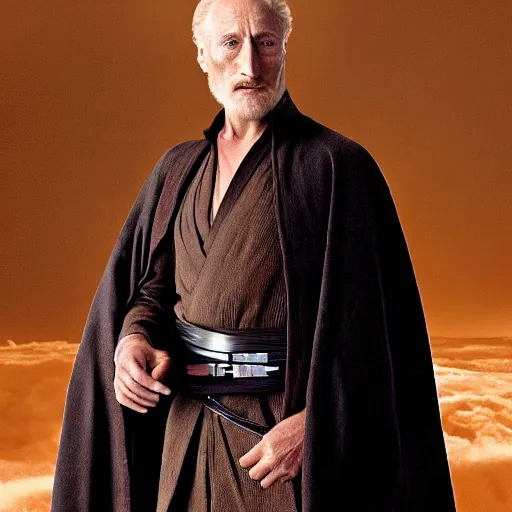 Prompt: Charles Dance as Obi-Wan Kenobi using the force in the film Star Wars, very detailed, tall shot, looking forward, detailed eyes