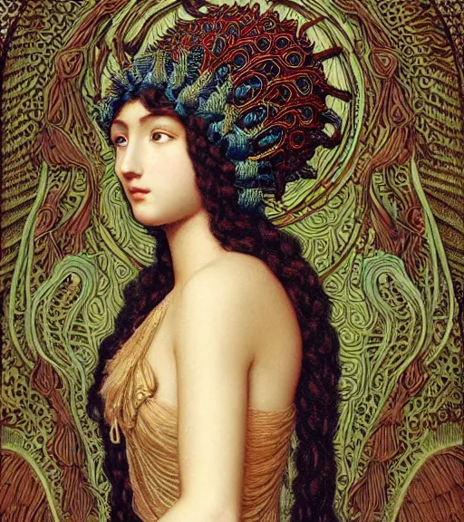 Image similar to portrait of a beatiful young goddess with intricate jellyfish headdress, dark background, intricate hyper detailed art by john william godward and ernst haeckel and james jean